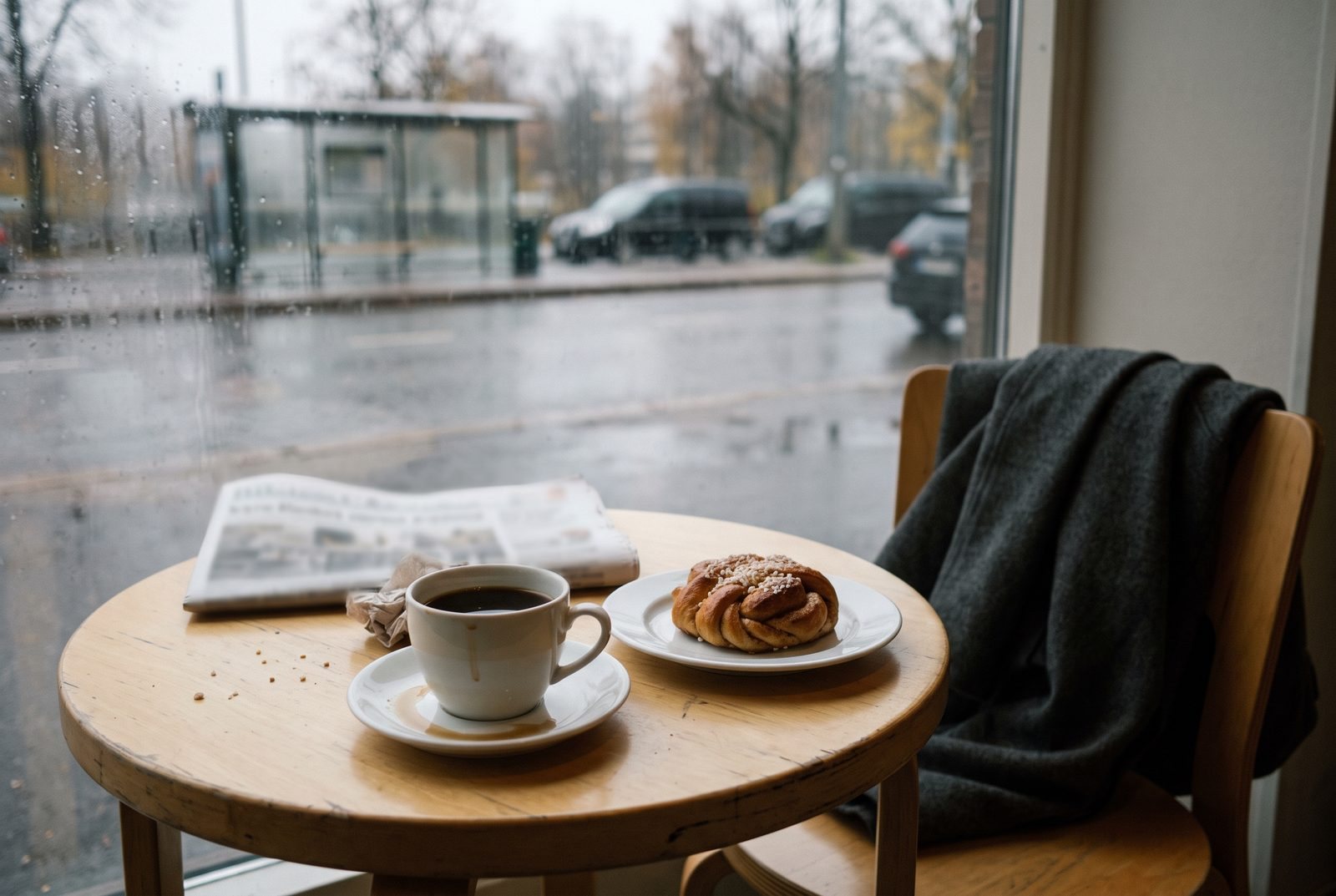 Ikkunapöytä, kuppi kahvia ja korvapuusti, ulkona sataa