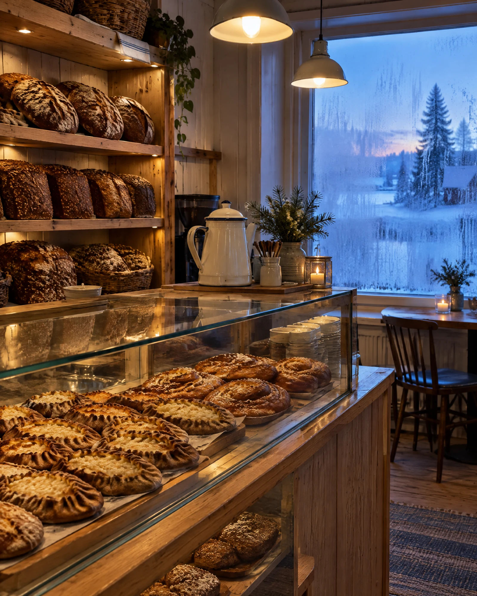 Kahvilan tiski, karjalanpiirakoita ja ruisleipiä hyllyllä