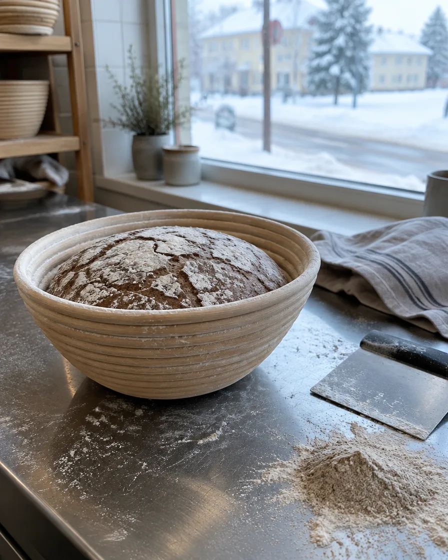 Ruistaikina kohoaa rottinkikorissa leipomon teräspöydällä