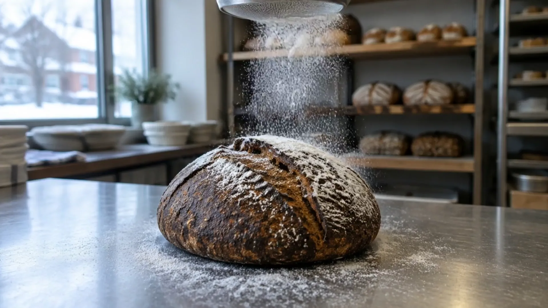 Jauhoja siivilöidään ruisleivän päälle leipomon tiskillä