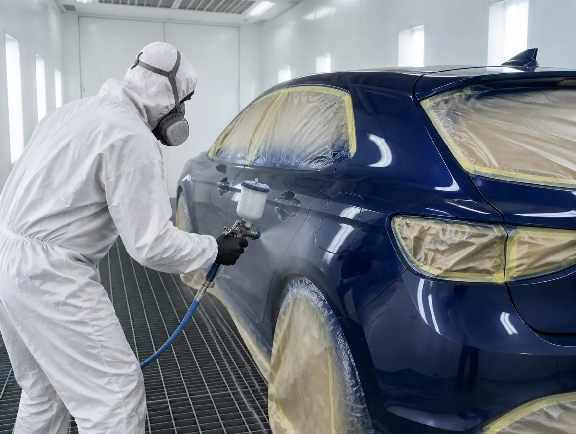 Maalari ruiskumaalaa sinistä autoa maalauskammiossa