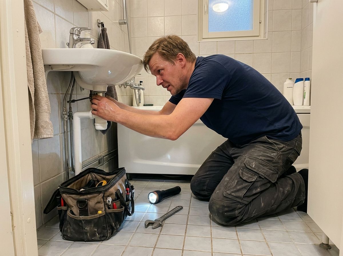 Asentaja korjaa hanaa kylpyhuoneessa
