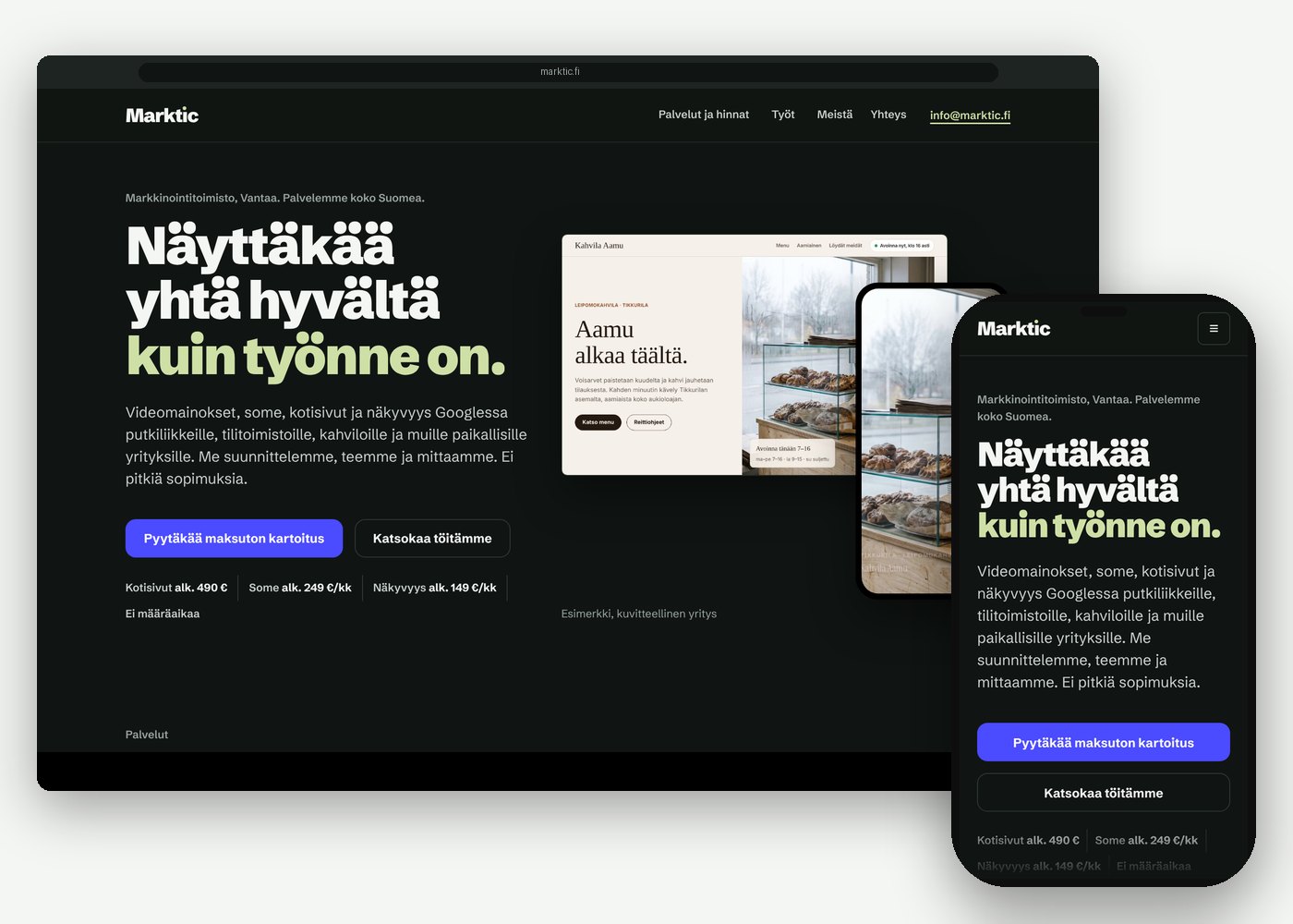 Marktic.fi tietokoneen ja puhelimen näytöllä