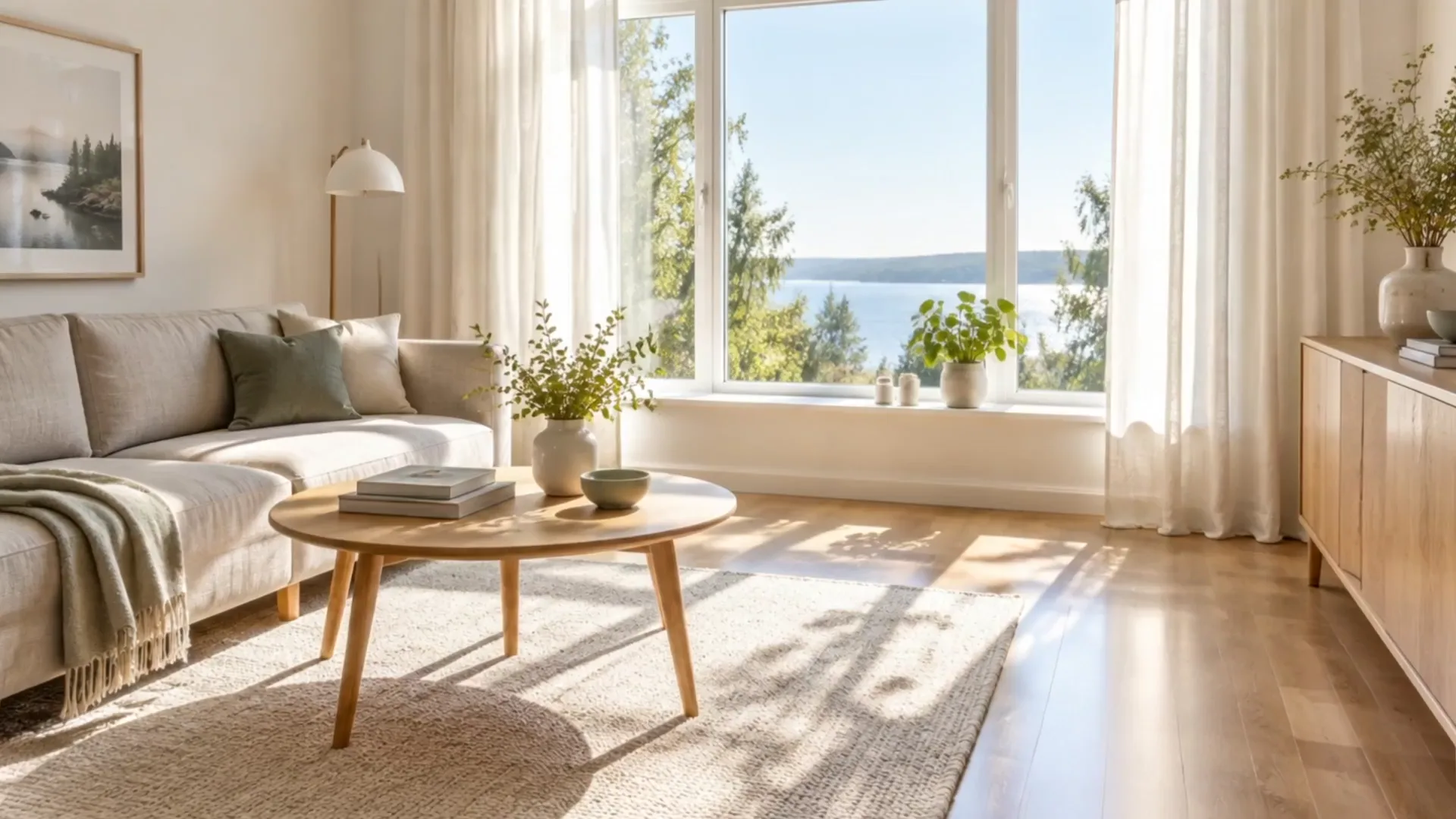 Aurinkoinen, siisti olohuone, jossa on puhtaat ikkunat ja vaalea puulattia (kuvituskuva)