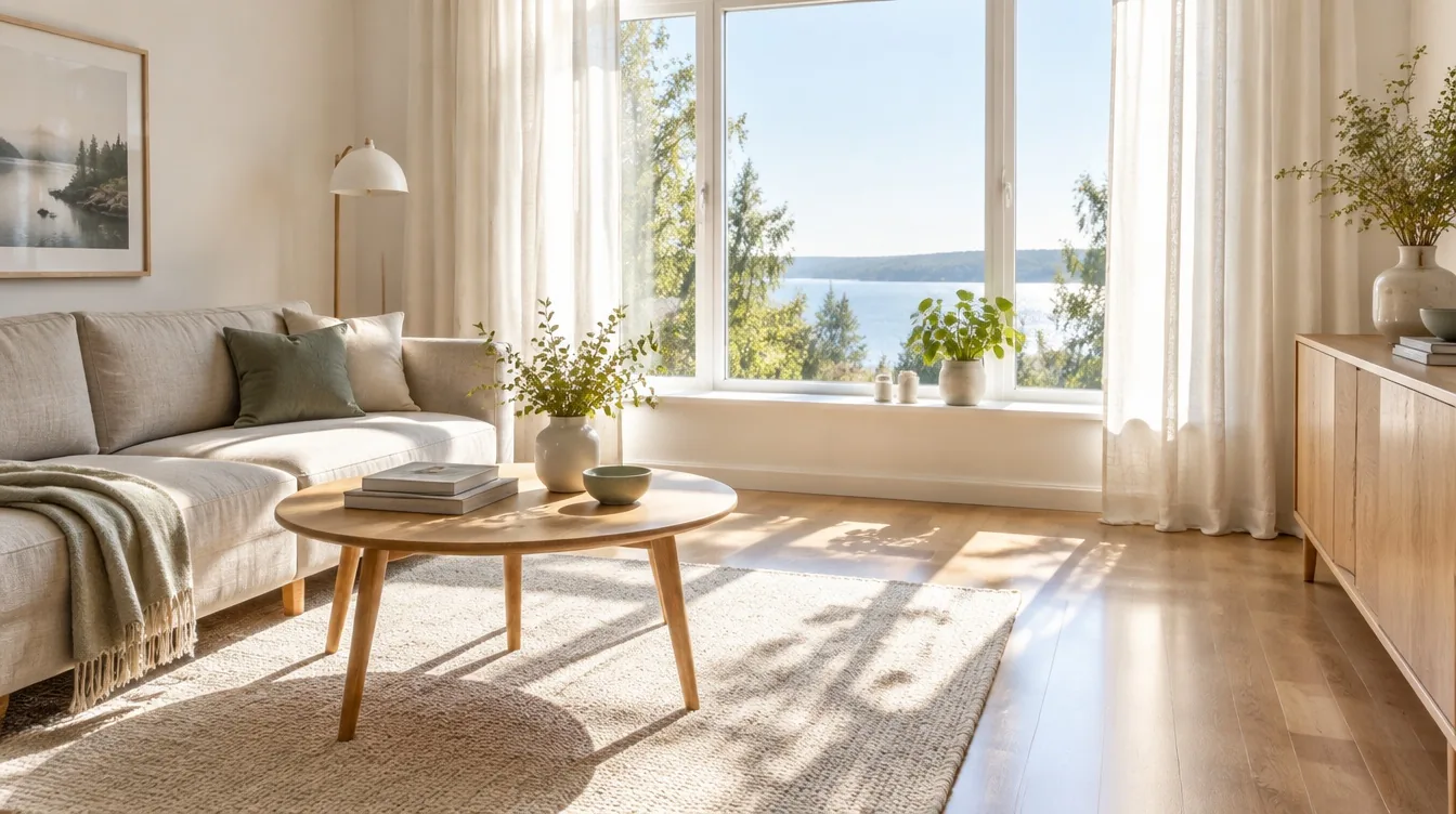 Valoisa olohuone, jossa aurinko paistaa puhtaista ikkunoista (kuvituskuva)