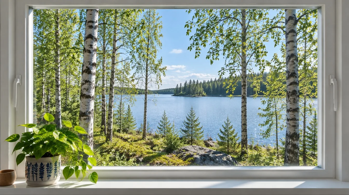 Puhdas ikkuna, josta näkyy koivumetsä ja järvi aurinkoisena päivänä (kuvituskuva)