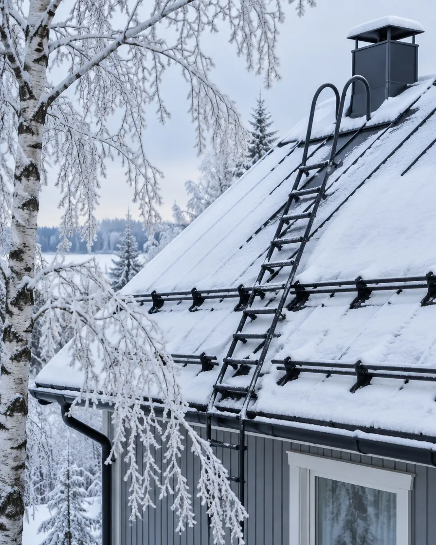Luminen peltikatto, jossa on lumiesteet ja kattotikkaat (kuvituskuva)