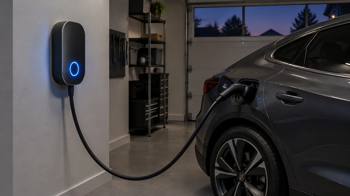 Seinään asennettu sähköauton latausasema autotallissa (kuvituskuva)