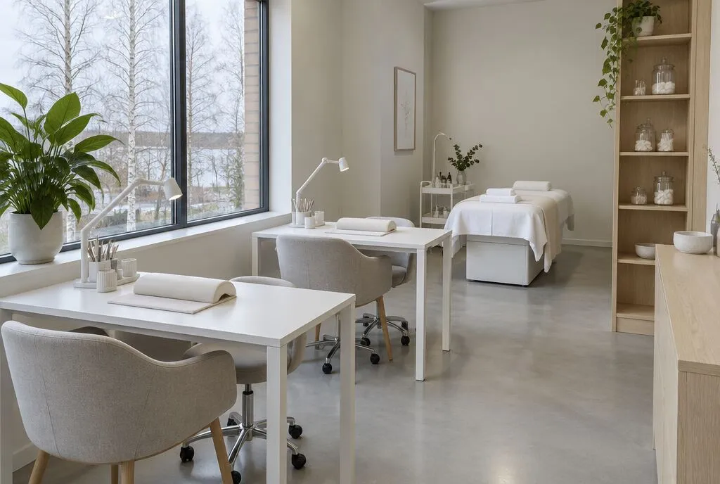 Valoisa studio, kaksi manikyyripöytää ja hoitopöytä