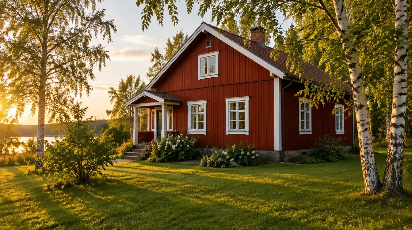 Punamullan värinen puutalo valkoisin ikkunanpielin