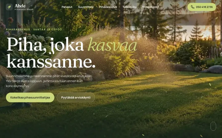 Ahde Piharakennus: esimerkkisivun etusivu