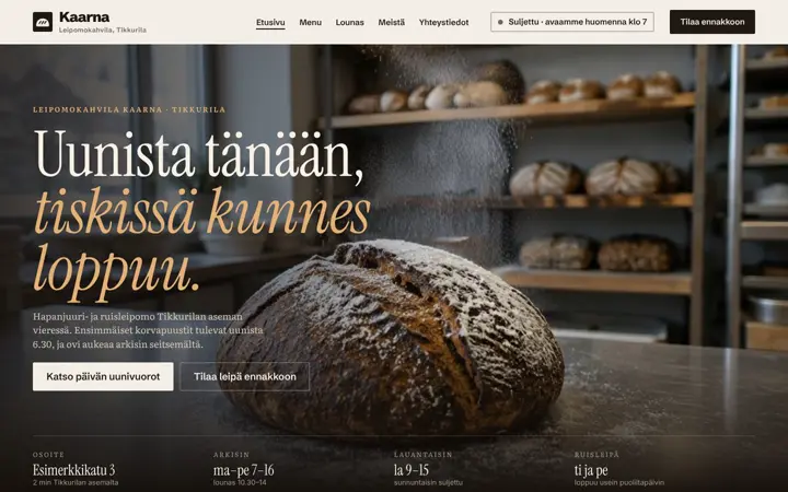 Leipomokahvila Kaarna: esimerkkisivun etusivu