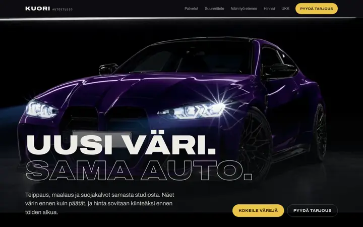 Kuori Autostudio: esimerkkisivun etusivu