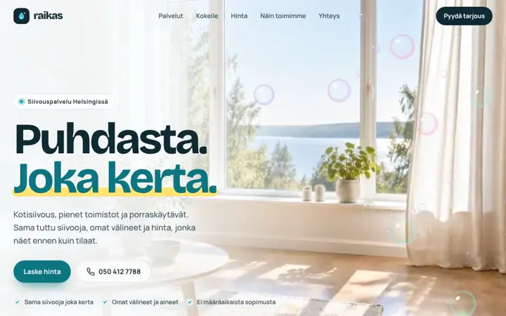 Raikas Siivouspalvelu: esimerkkisivun etusivu