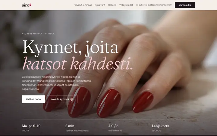 Siro Studio: esimerkkisivun etusivu